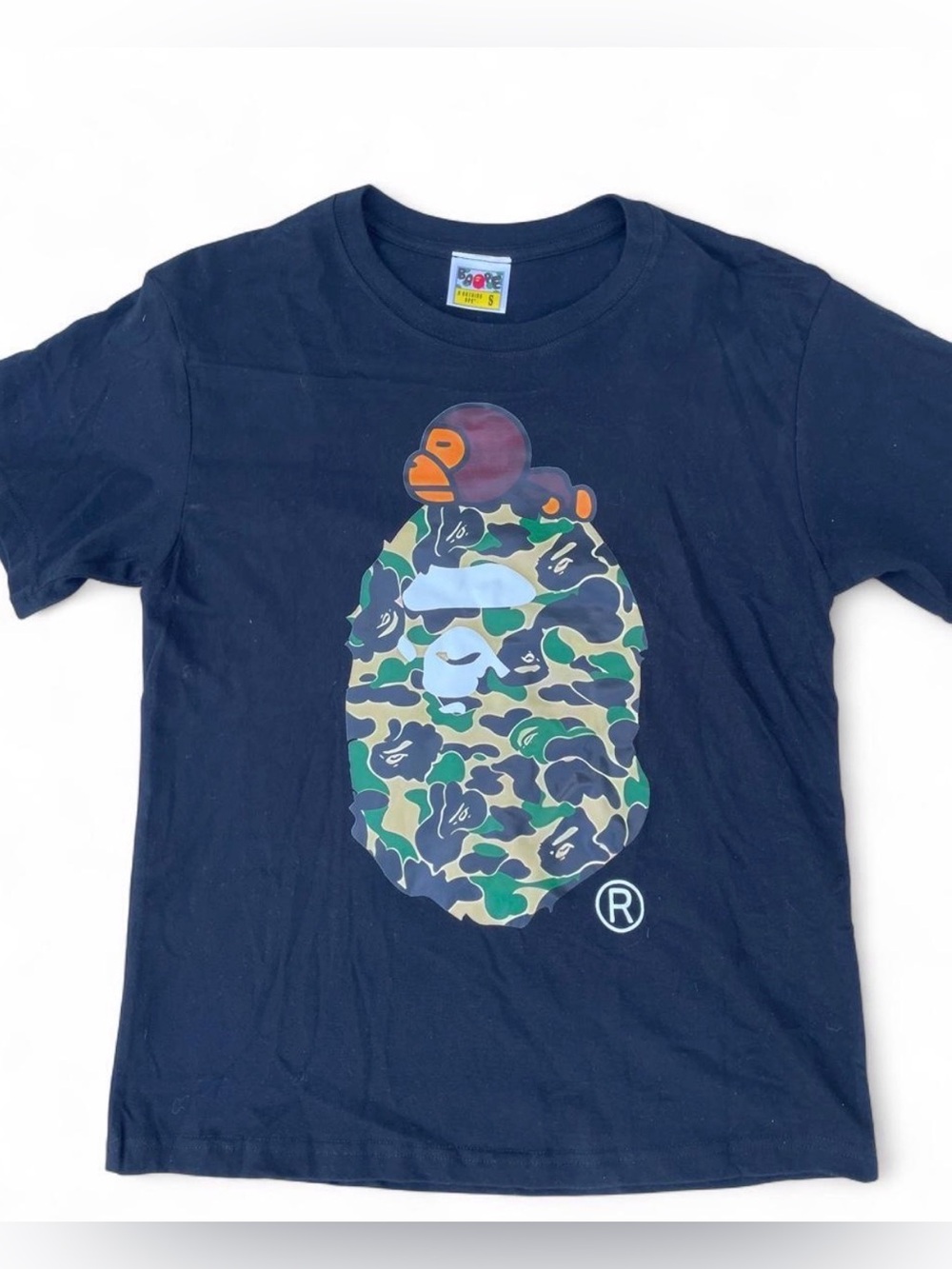 Bape Navy Short Sleeve Tee with Green Camo Ape Head Graphic